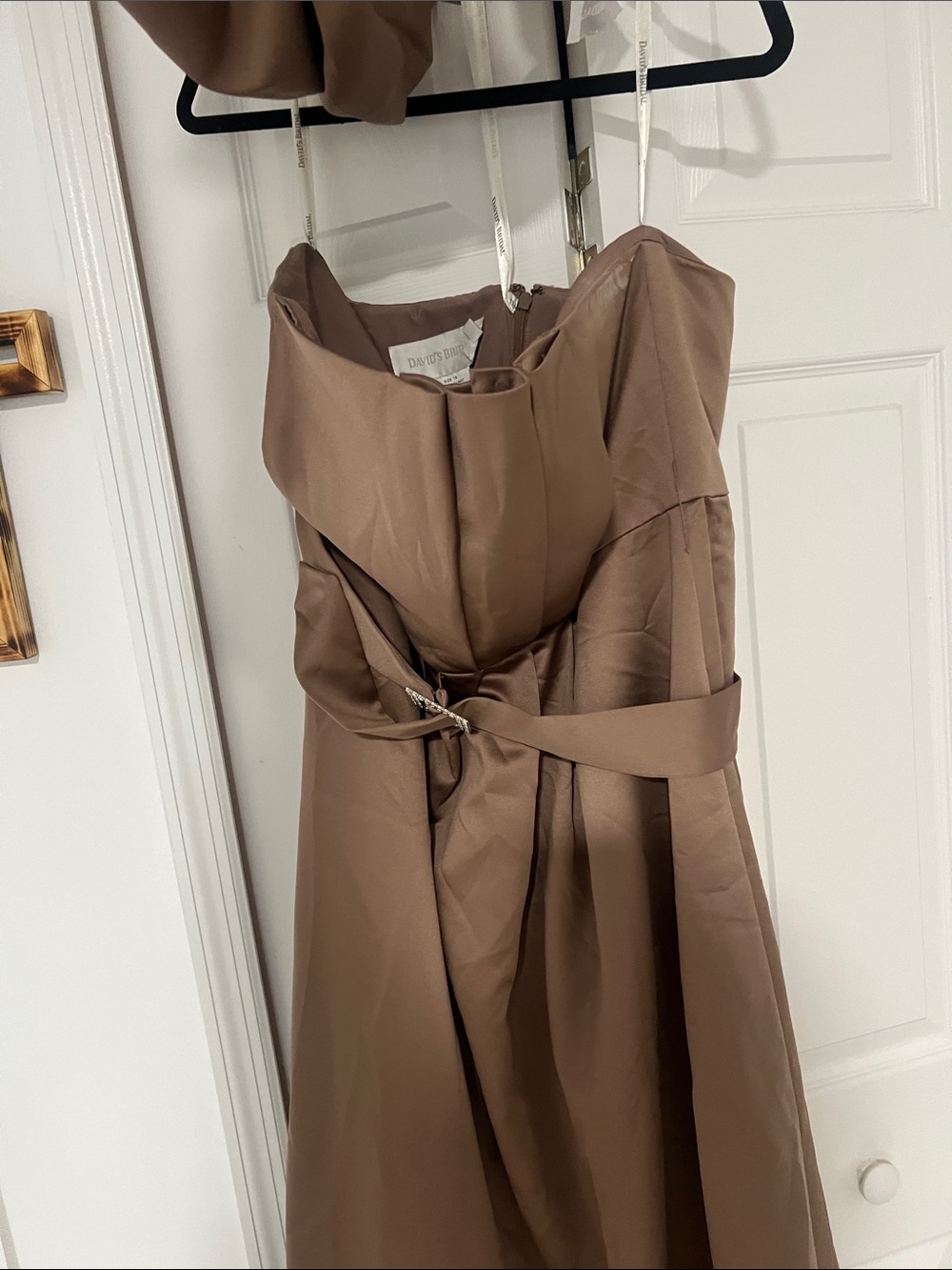 David's Bridal Strapless Brown Satin Gown with Rhinestone Belt - Picture 4 of 5
